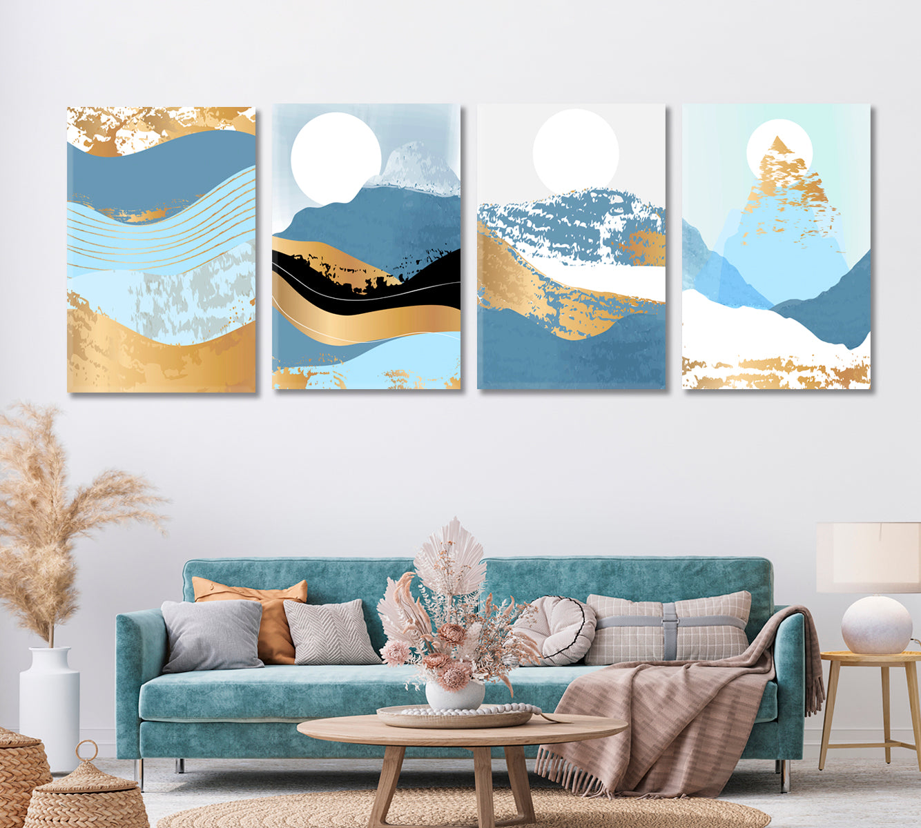 Set of 4 Vertical Abstract Minimalist Mountain Landscape Canvas Print ArtLexy 4 Panels 64”x24” inches 
