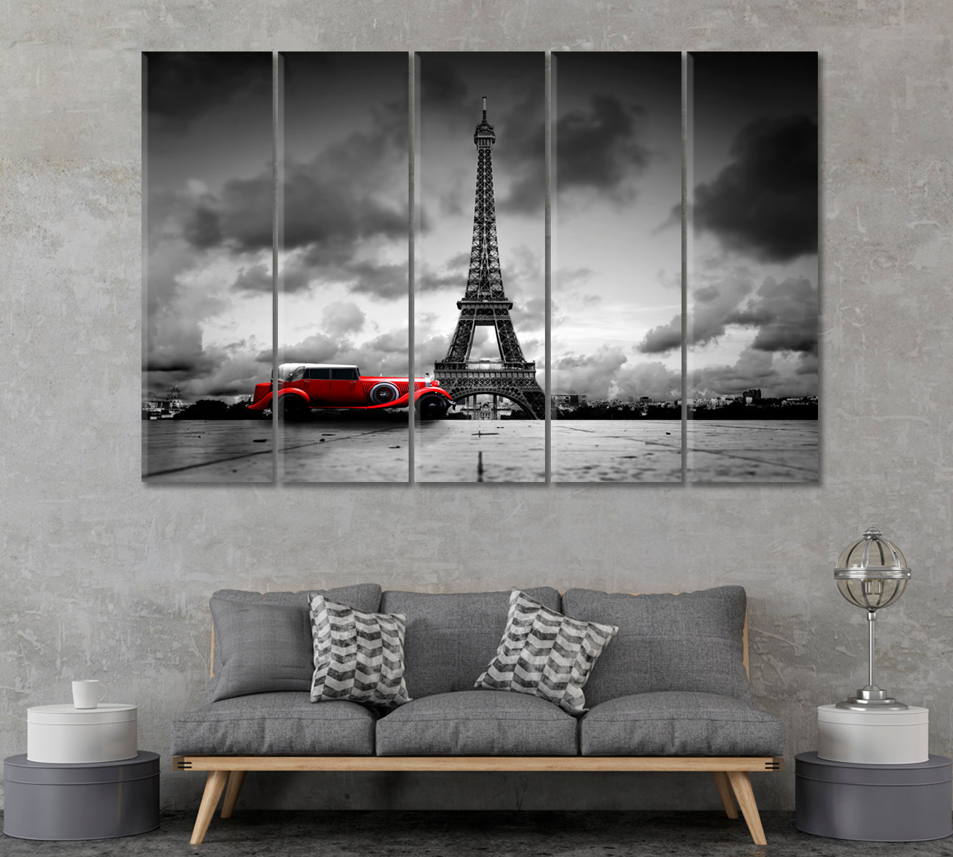 Eiffel Tower and Red Retro Car Canvas Print ArtLexy 5 Panels 36"x24" inches 