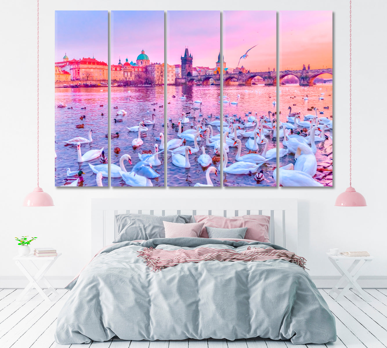 Swans on Vltava River Prague Canvas Print ArtLexy 5 Panels 36"x24" inches 