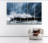 Storm Waves over Lighthouse Povoa do Varzim Portugal Canvas Print ArtLexy 5 Panels 36"x24" inches 