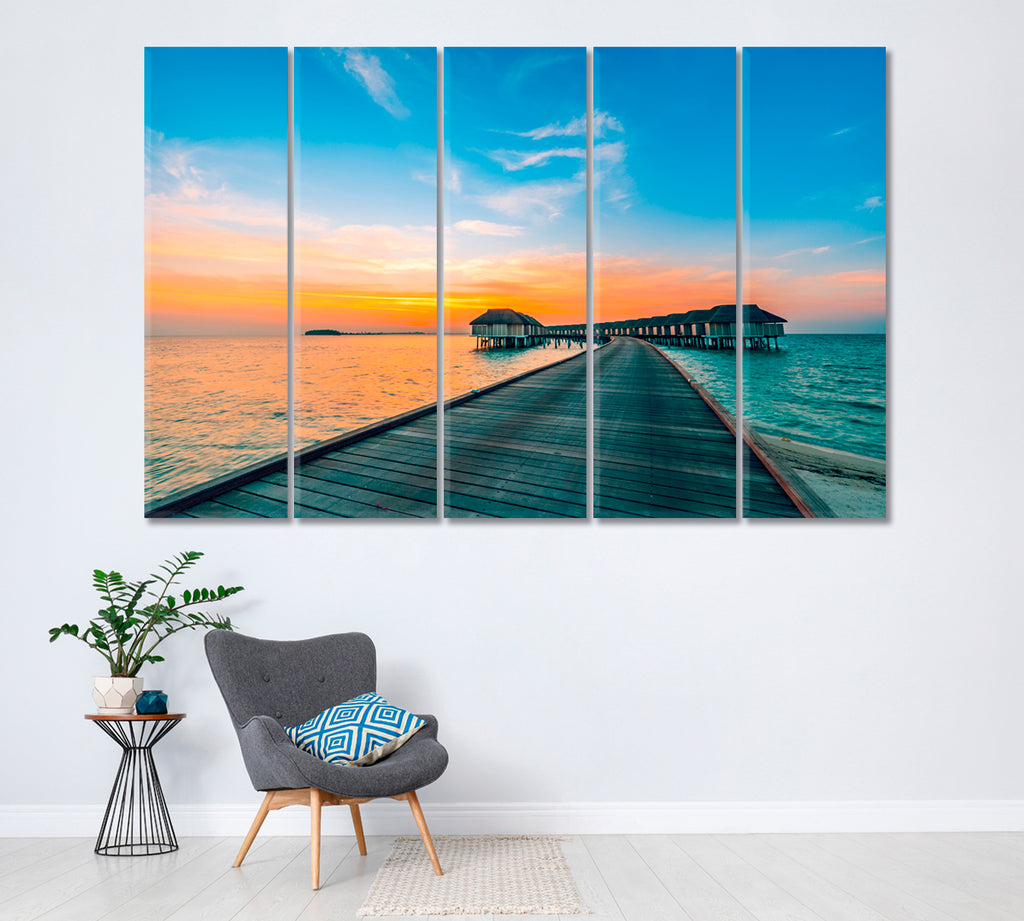 Beautiful Sunset over Indian Ocean Maldives Canvas Print ArtLexy 5 Panels 36"x24" inches 