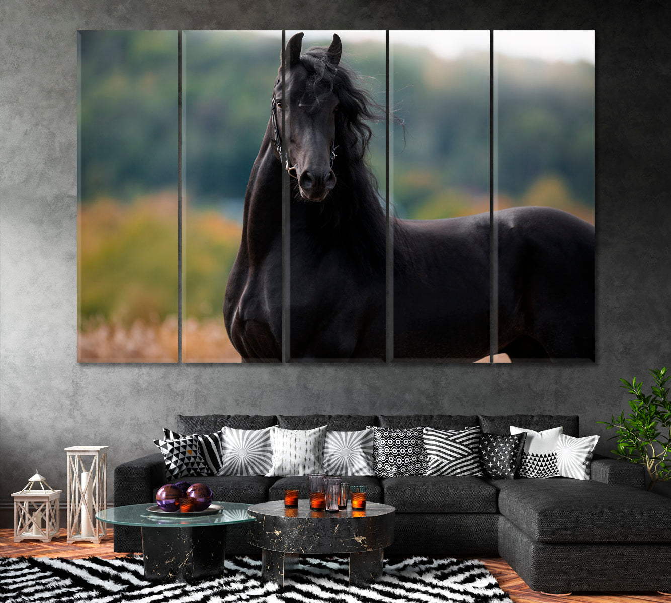 Portrait of Black Friesian Horse Canvas Print ArtLexy 5 Panels 36"x24" inches 