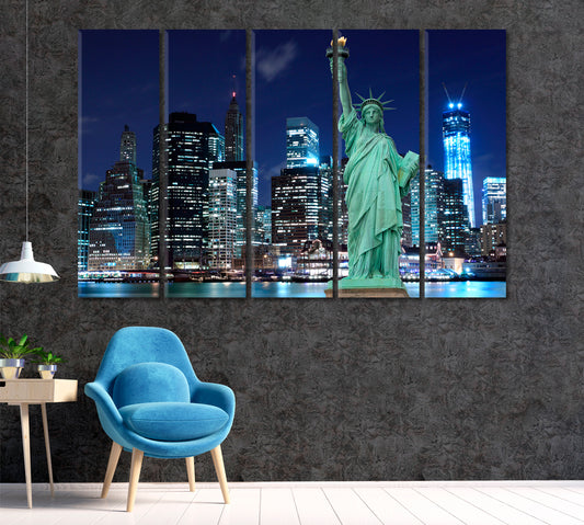 Statue of Liberty at Night with Manhattan Skyline Canvas Print ArtLexy 5 Panels 36"x24" inches 