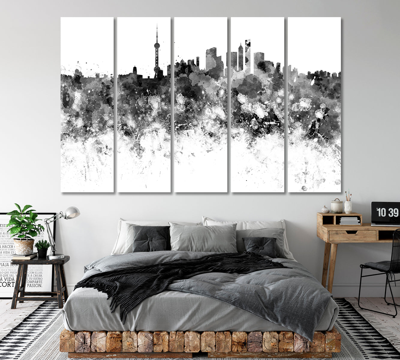 Abstract Black And White Shanghai Skyline Canvas Print ArtLexy 5 Panels 36"x24" inches 