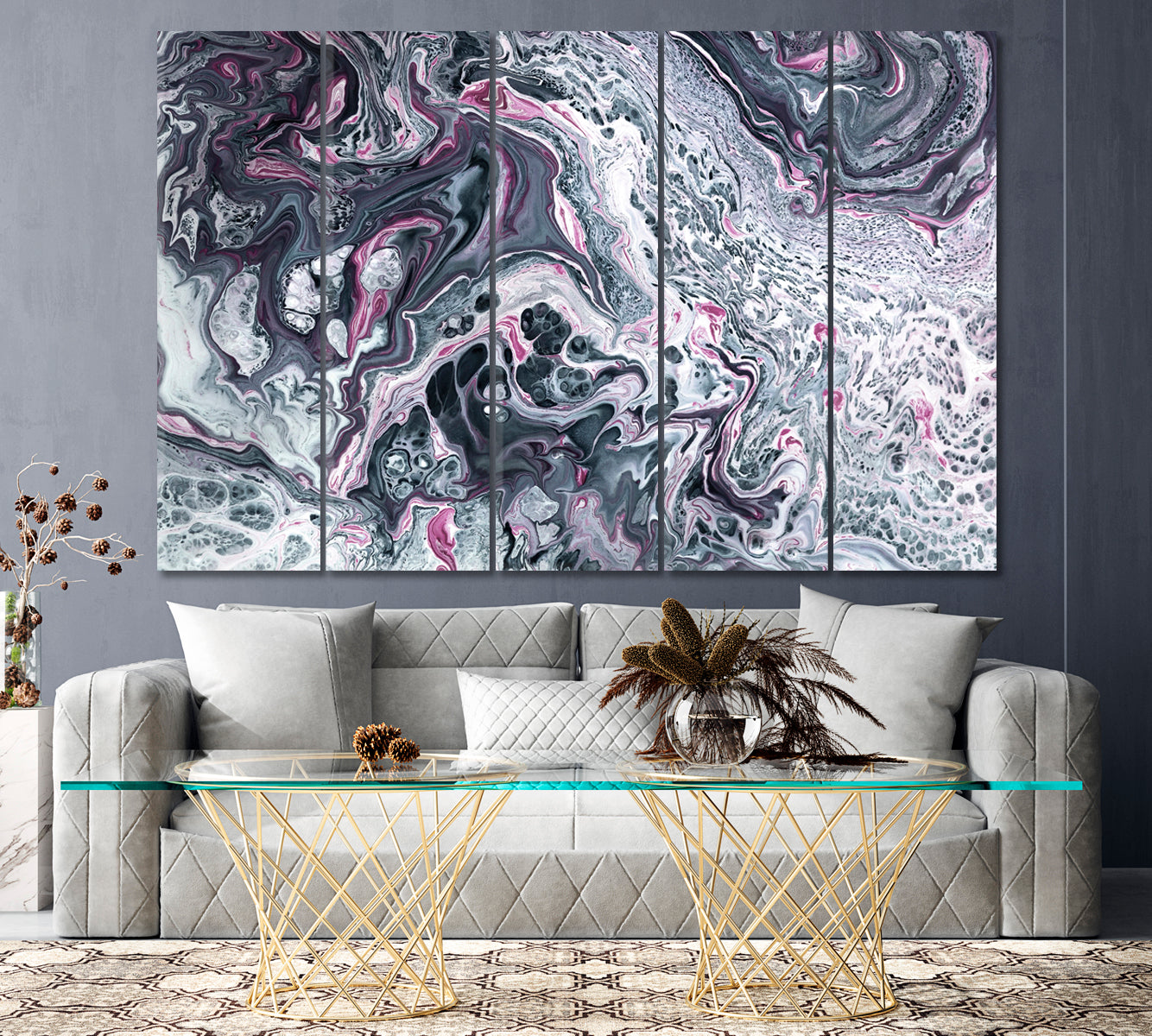 Gray and Pink Mixed Marble Ink Canvas Print ArtLexy 5 Panels 36"x24" inches 
