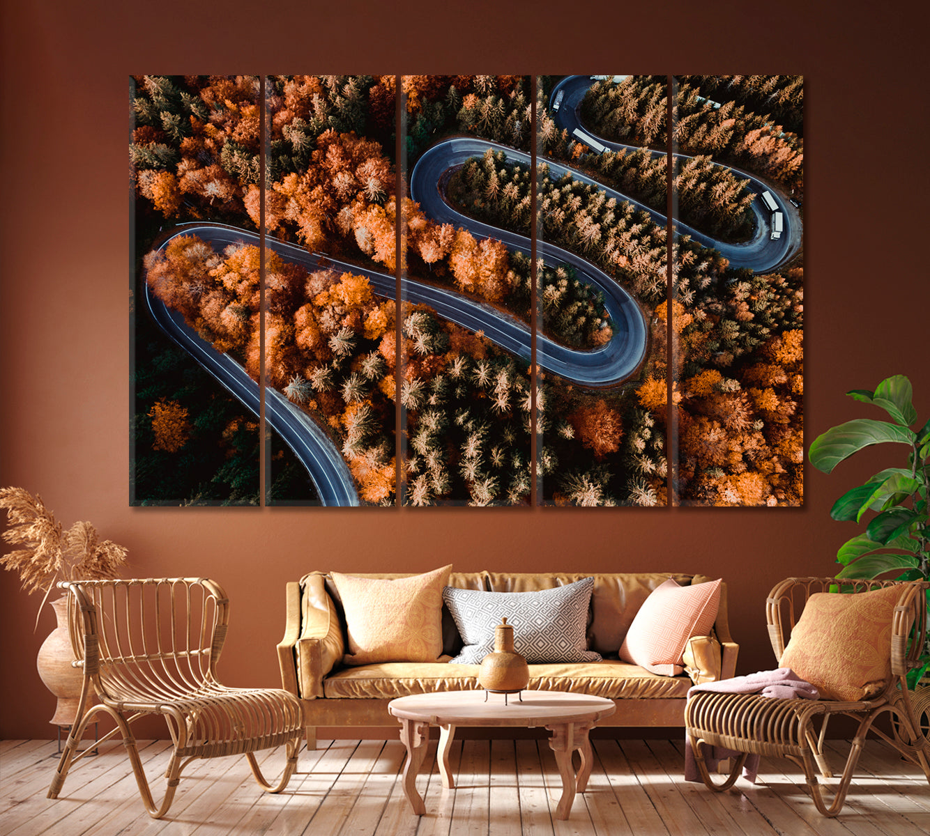 Curvy Road in Autumn Forest Canvas Print ArtLexy 5 Panels 36"x24" inches 