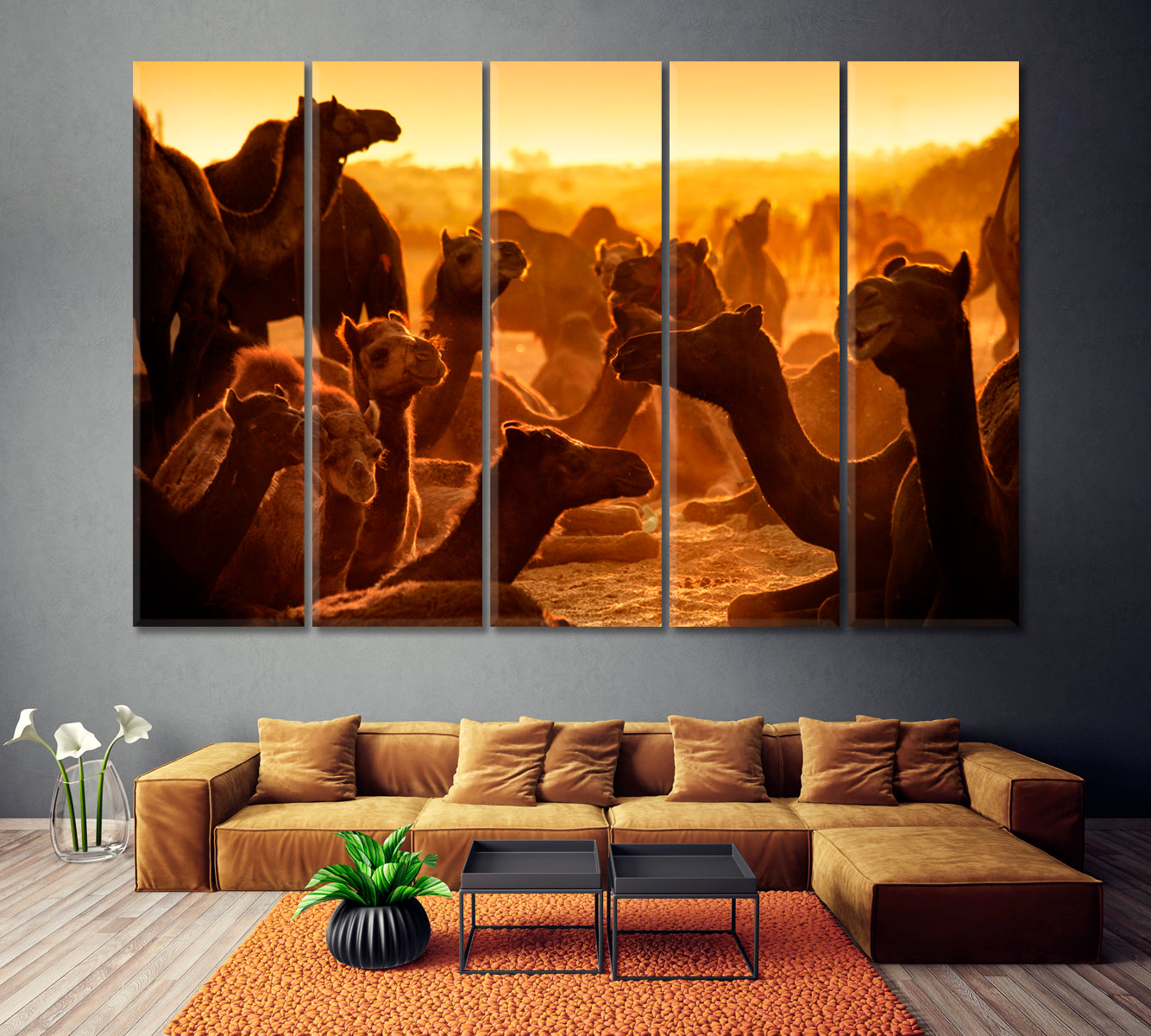 Herd of Camels in Pushkar Canvas Print ArtLexy 5 Panels 36"x24" inches 