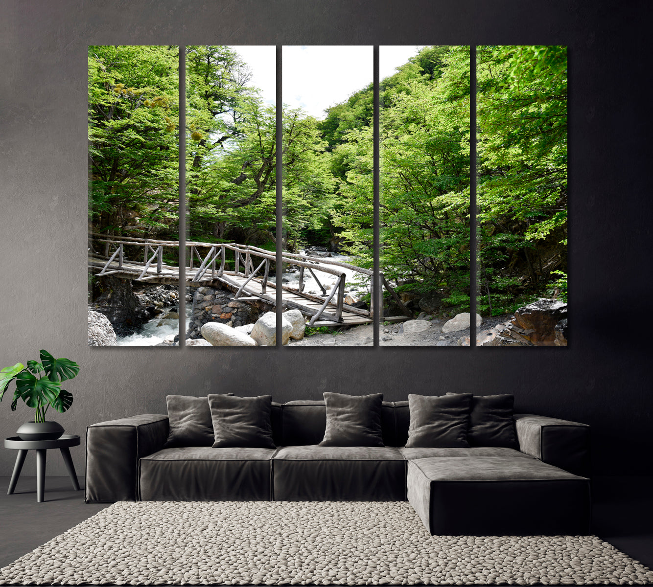 Beautiful Wooden Bridge Across River Canvas Print ArtLexy 5 Panels 36"x24" inches 