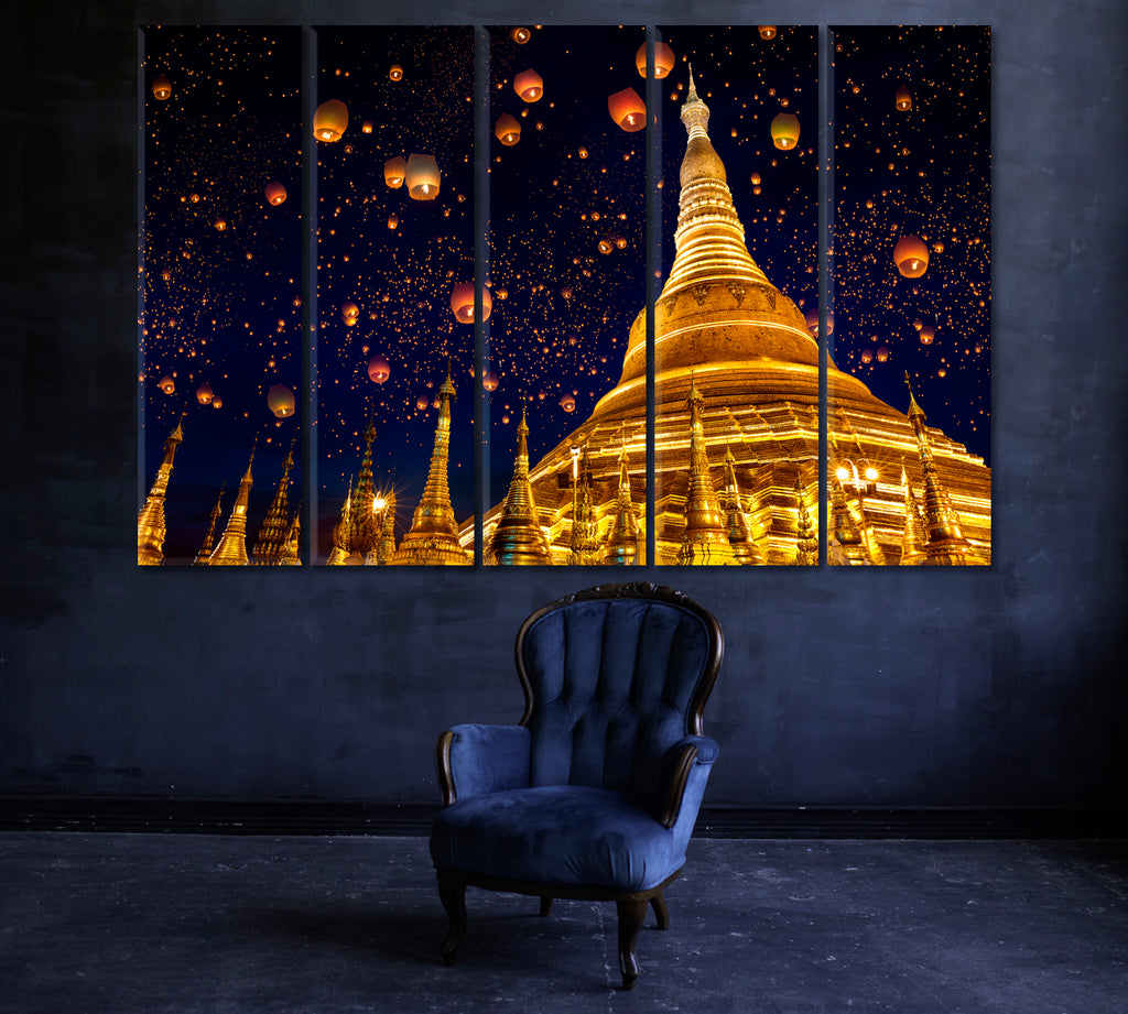 Shwedagon Pagoda with Lanterns in Sky Yangon Myanmar Canvas Print ArtLexy 5 Panels 36"x24" inches 