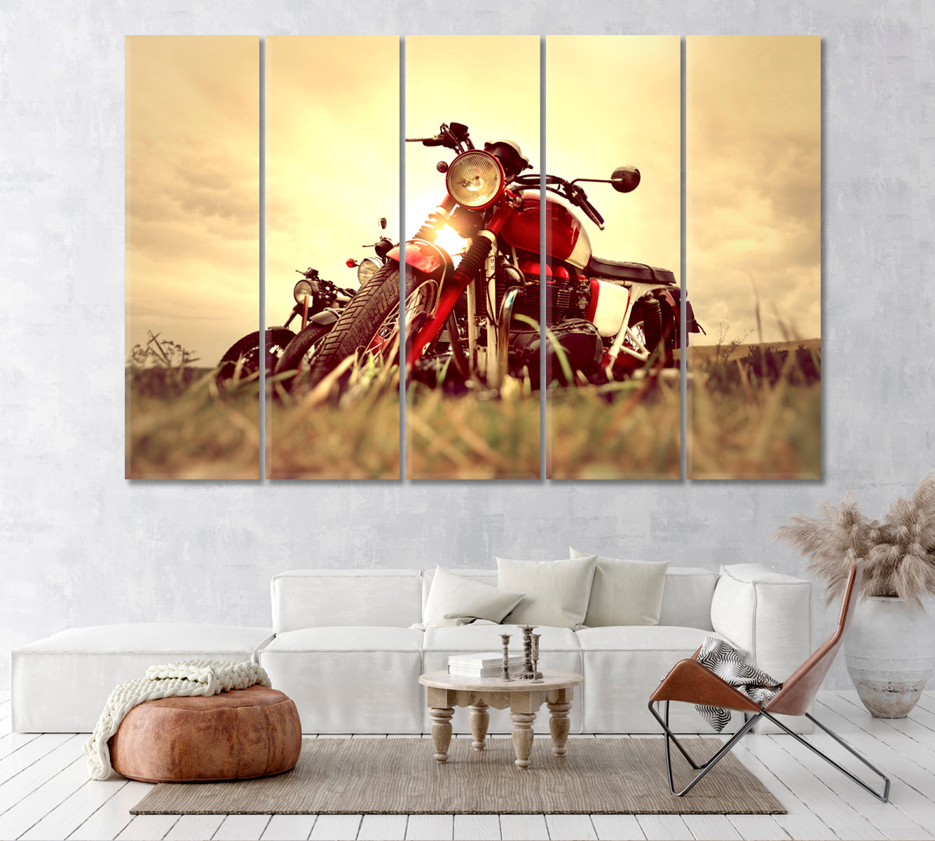 Vintage Motorcycles Parking on Grass Canvas Print ArtLexy 5 Panels 36"x24" inches 
