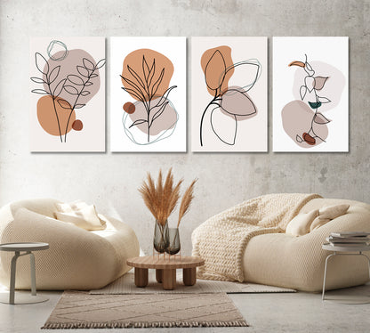 Set of 4 Vertical Abstract Boho Line Leaves Canvas Print ArtLexy 4 Panels 64”x24” inches 