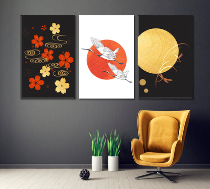 Set of 3 Traditional Japanese Pattern with Cranes Canvas Print ArtLexy   