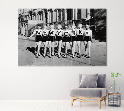 Retro Snapshot Chorus Line with New York on T-Shirts Canvas Print ArtLexy 5 Panels 36"x24" inches 