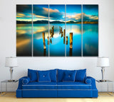 Wooden Pier or Jetty Remains on Blue Lake Tuscany Italy Canvas Print ArtLexy 5 Panels 36"x24" inches 