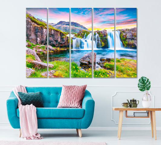Kirkjufellsfoss Waterfall Iceland Canvas Print ArtLexy 5 Panels 36"x24" inches 