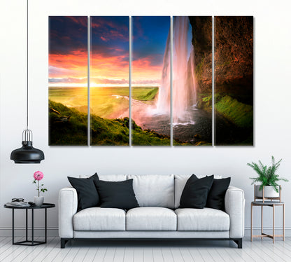 Seljalandsfoss Waterfall with Amazing Sunset Iceland Canvas Print ArtLexy 5 Panels 36"x24" inches 