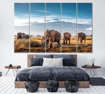 Herd of African Elephants in front of Mount Kilimanjaro Canvas Print ArtLexy 5 Panels 36"x24" inches 