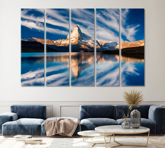 Reflection of Matterhorn Peak in Stellisee Lake Swiss Alps Switzerland Canvas Print ArtLexy 5 Panels 36"x24" inches 
