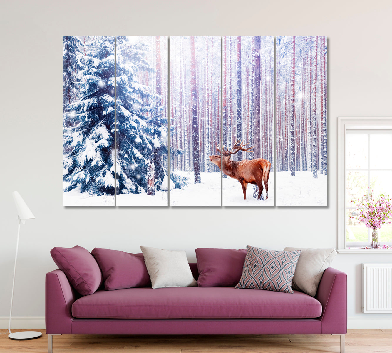 Noble Deer in Winter Forest Canvas Print ArtLexy 5 Panels 36"x24" inches 