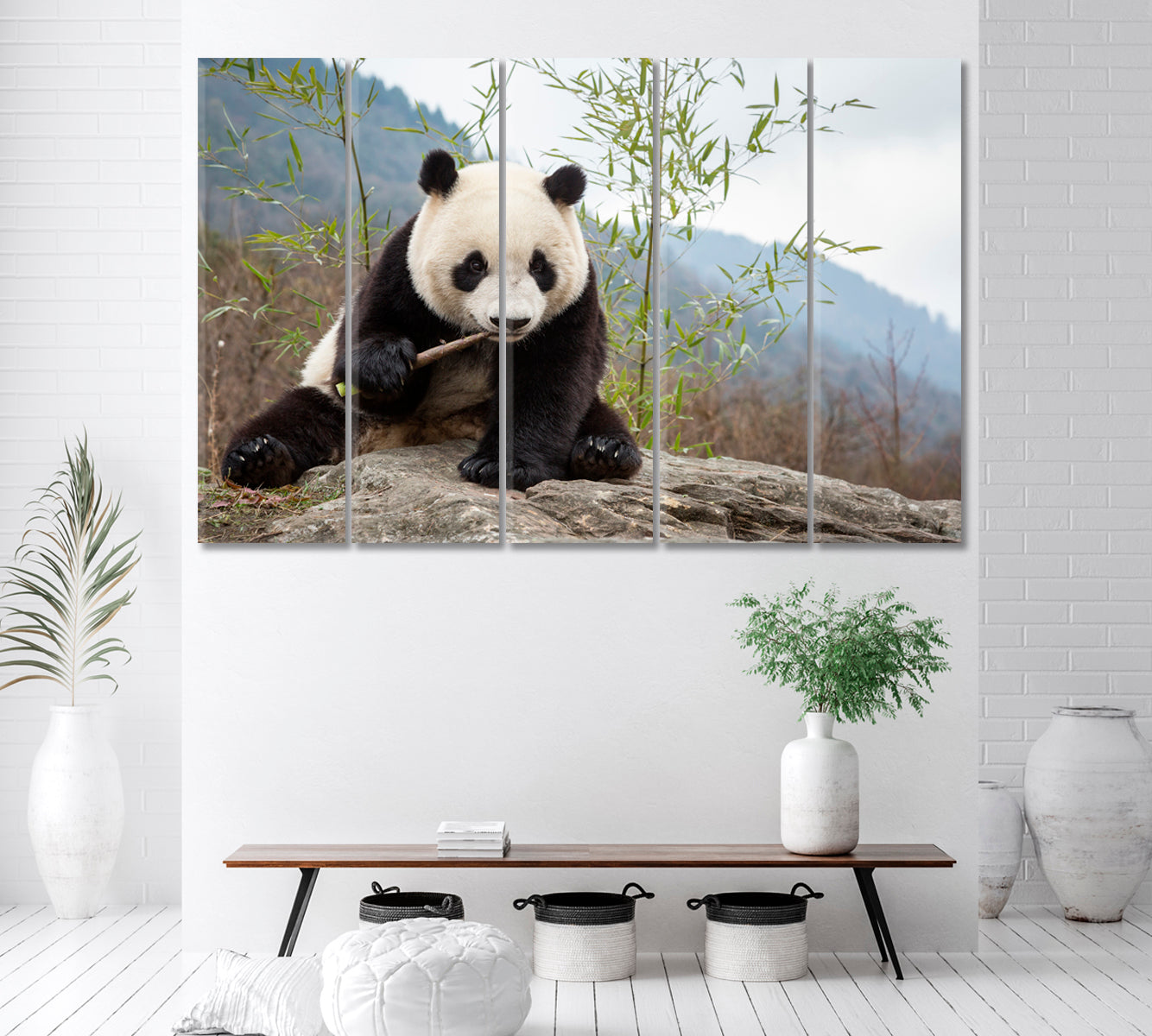 Panda Eating Bamboo Canvas Print ArtLexy 5 Panels 36"x24" inches 