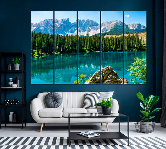 Landscape of Lake Carezza and Dolomites Italy Canvas Print ArtLexy 5 Panels 36"x24" inches 