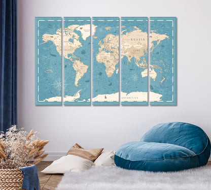 Blue and Beige Vintage World Map Canvas Print ArtLexy   