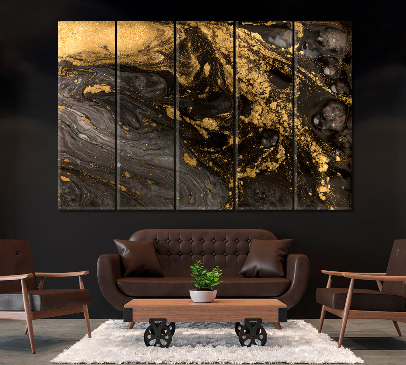 Gray and Gold Liquid Marble Pattern Canvas Print ArtLexy 5 Panels 36"x24" inches 