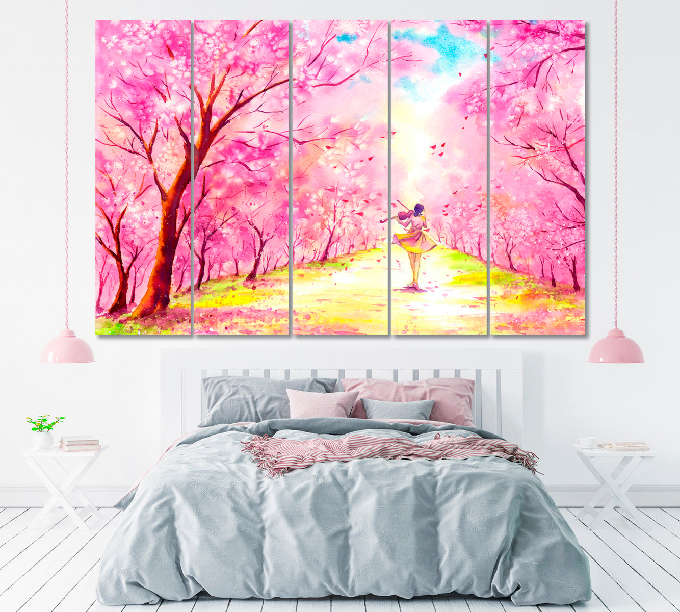 Landscape with Violinist and  Blooming Cherry Trees Canvas Print ArtLexy 5 Panels 36"x24" inches 