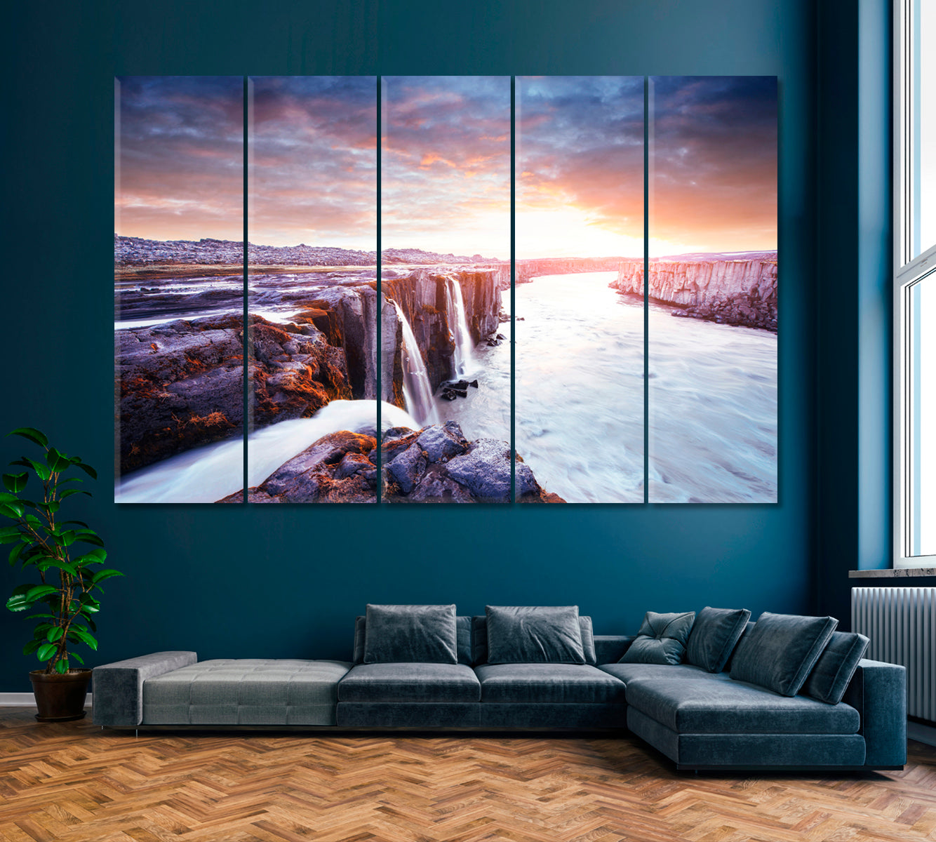 Selfoss Waterfall Iceland Canvas Print ArtLexy 5 Panels 36"x24" inches 