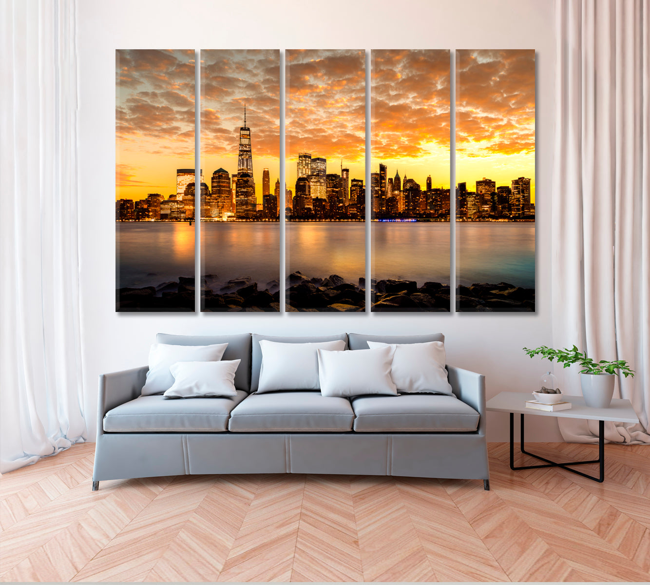 New York Cityscape at Sunset Canvas Print ArtLexy 5 Panels 36"x24" inches 