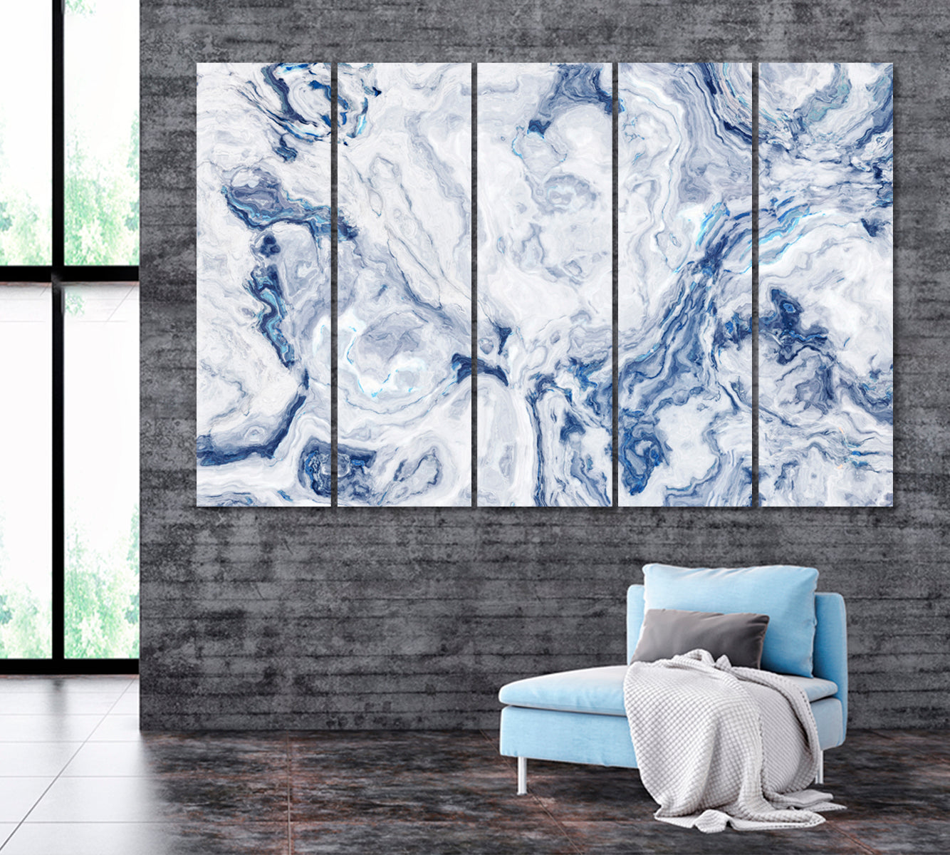 White Marble with Blue Veins Canvas Print ArtLexy 5 Panels 36"x24" inches 