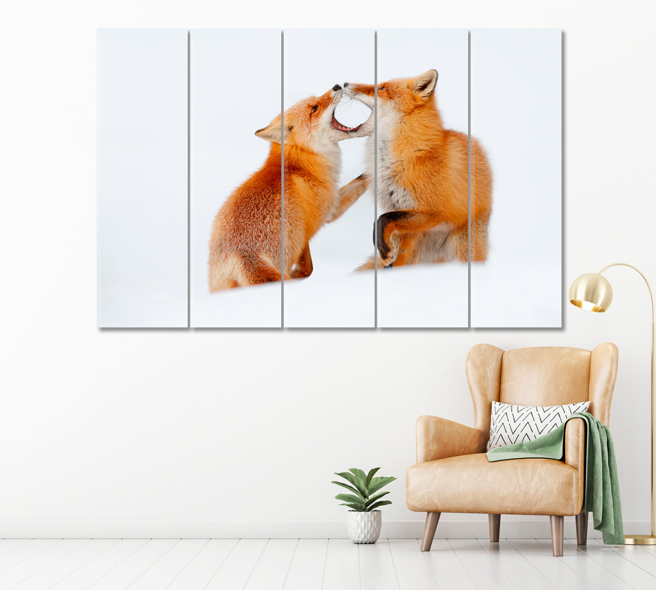 Red Foxes Playing in Snow Hokkaido Japan Canvas Print ArtLexy 5 Panels 36"x24" inches 