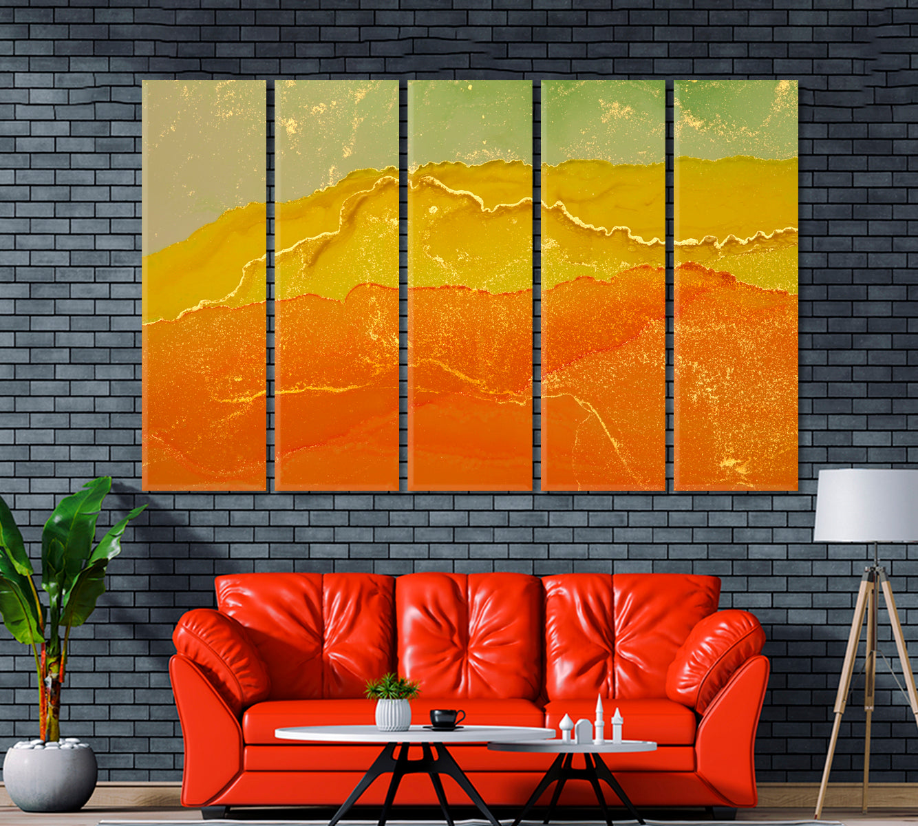 Abstract Vivid Yellow Wavy Marble Canvas Print ArtLexy 5 Panels 36"x24" inches 