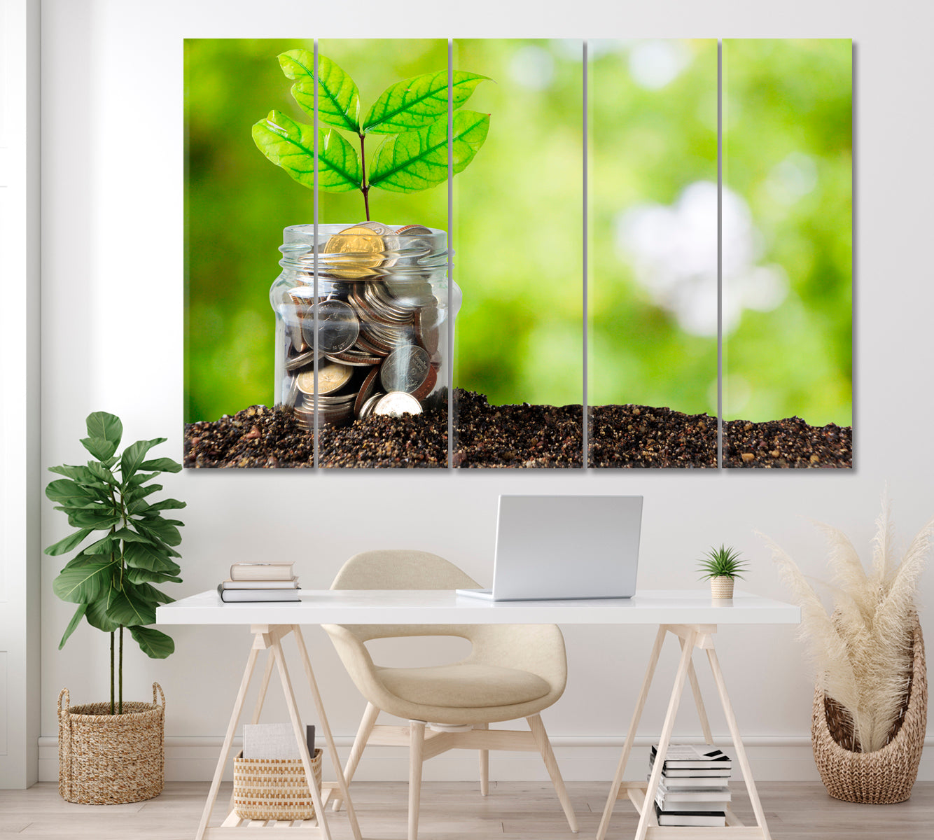 Plant Growing In Savings Coins Canvas Print ArtLexy 5 Panels 36"x24" inches 
