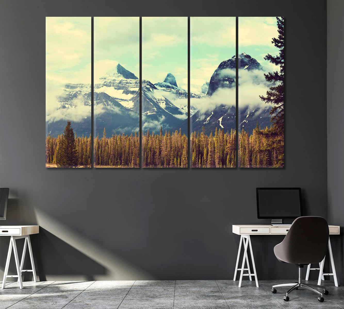 Canadian Mountains on Foggy Day Canvas Print ArtLexy 5 Panels 36"x24" inches 