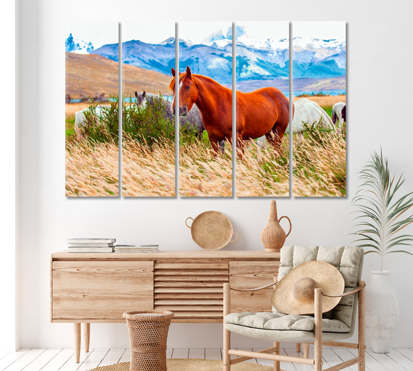 Horses in Torres del Paine Park Chile Canvas Print ArtLexy 5 Panels 36"x24" inches 