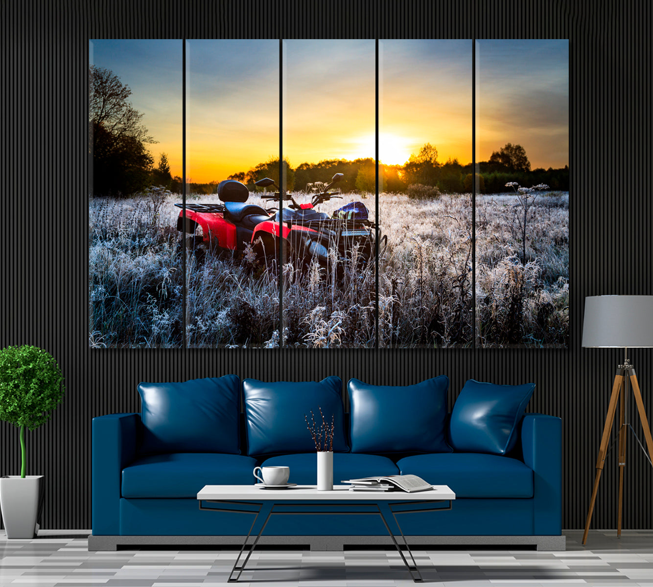 Quad Bike in Field at Sunrise Canvas Print ArtLexy 5 Panels 36"x24" inches 
