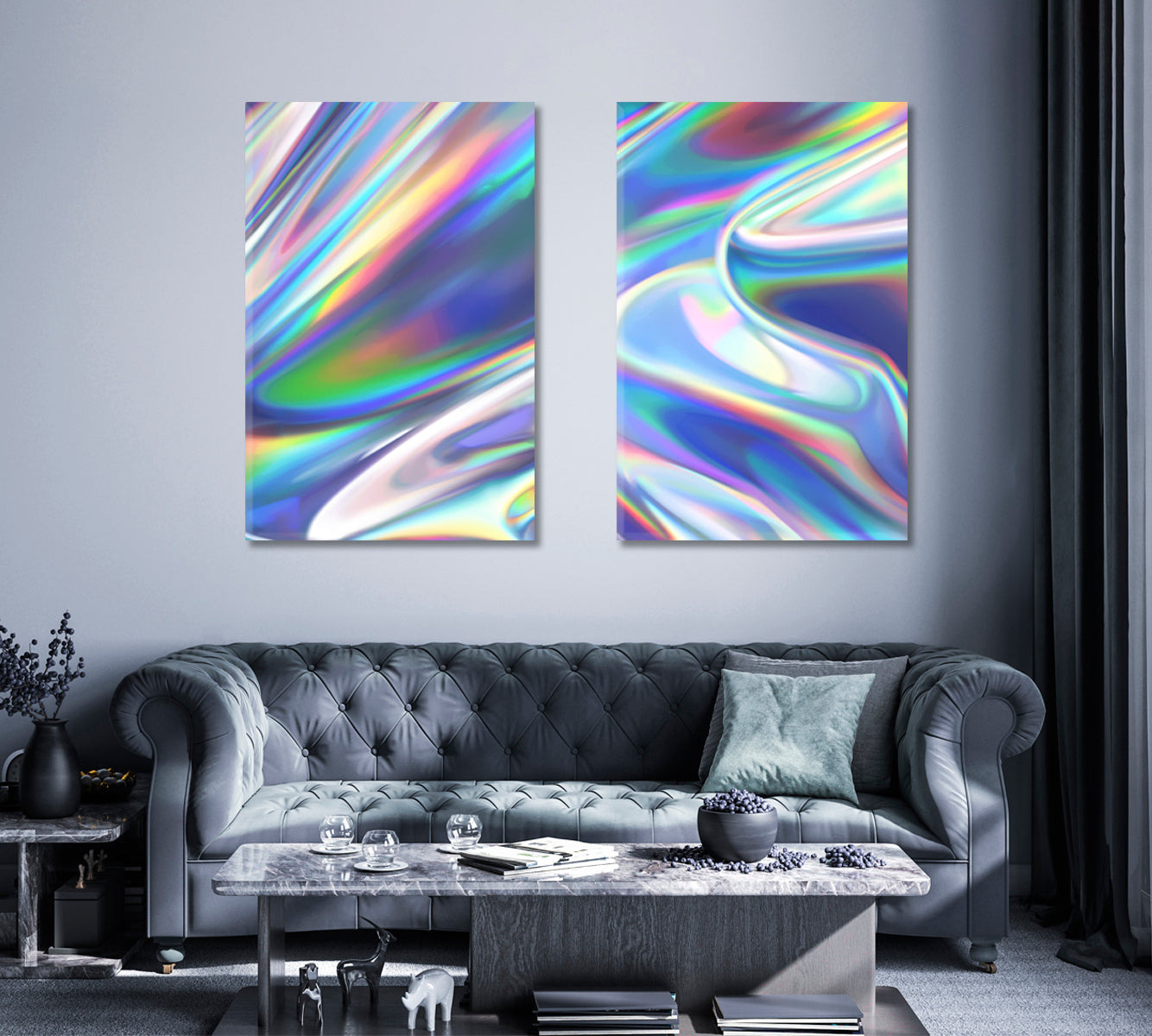Set of 2 Vertical Abstract Holographic Pattern Canvas Print ArtLexy   