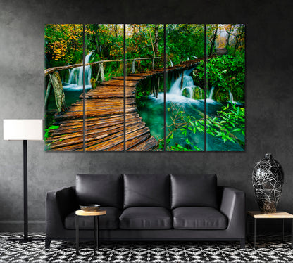 Wooden Path and Lake in Plitvice National Park Croatia Canvas Print ArtLexy 3 Panels 36"x24" inches 