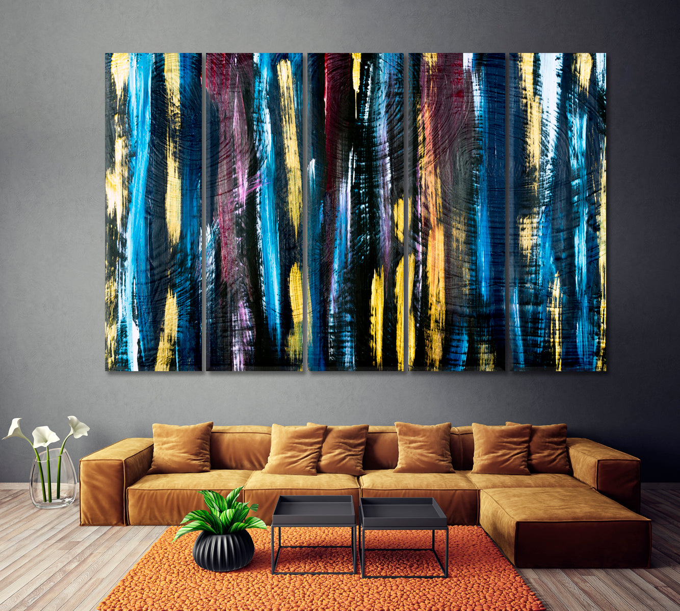 Abstract Contemporary art Bright Stripes and Brush Strokes Canvas Print ArtLexy 5 Panels 36"x24" inches 