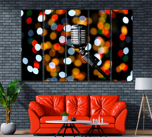 Vintage Microphone Against Lights Canvas Print ArtLexy 5 Panels 36"x24" inches 