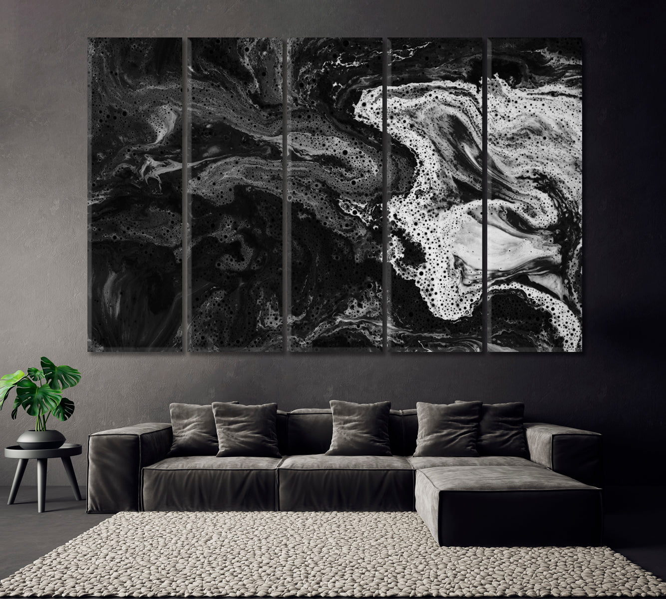 Black and White Abstract Marble Canvas Print ArtLexy 5 Panels 36"x24" inches 