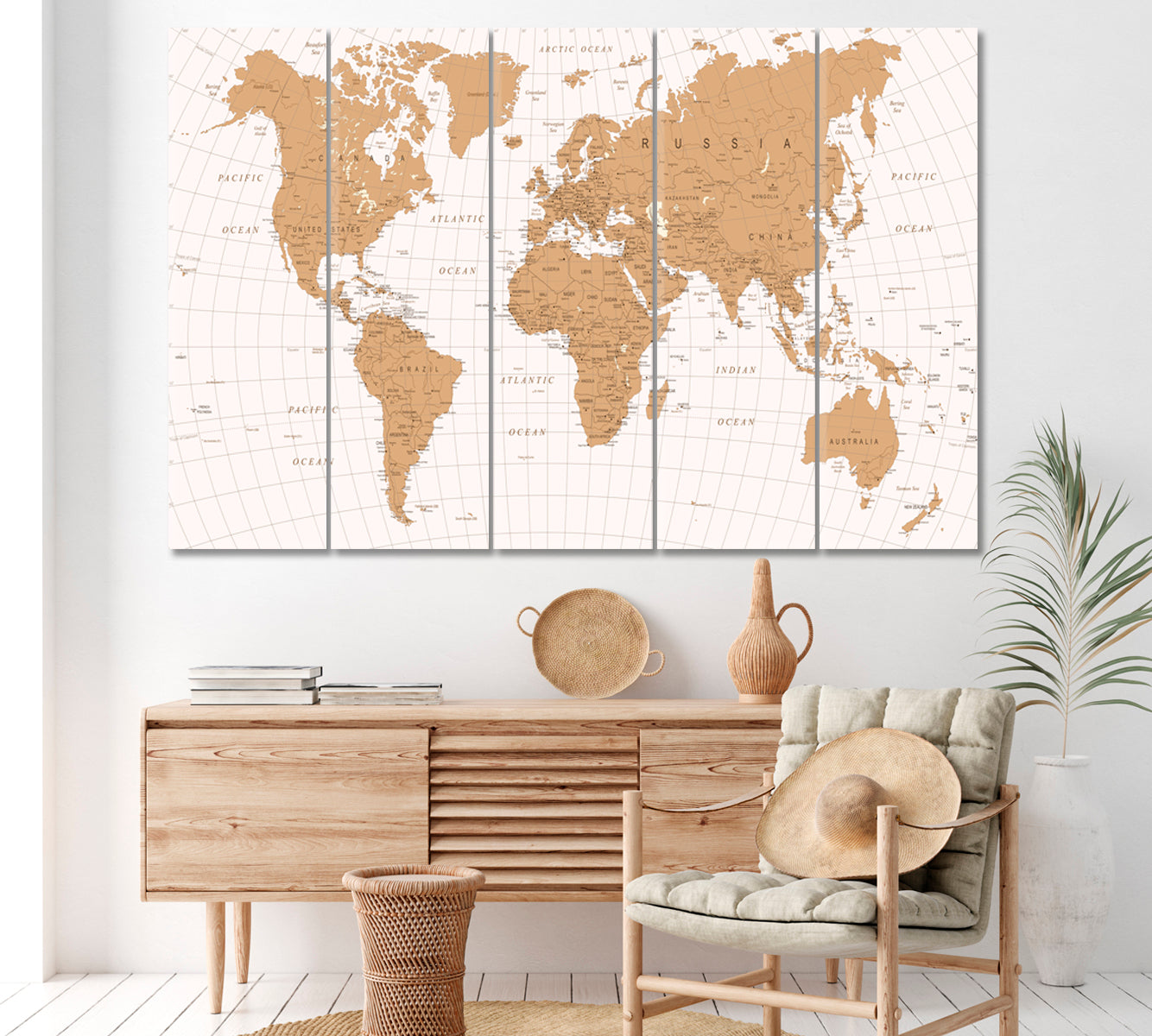 Detailed Vintage World Map Canvas Print ArtLexy 5 Panels 36"x24" inches 