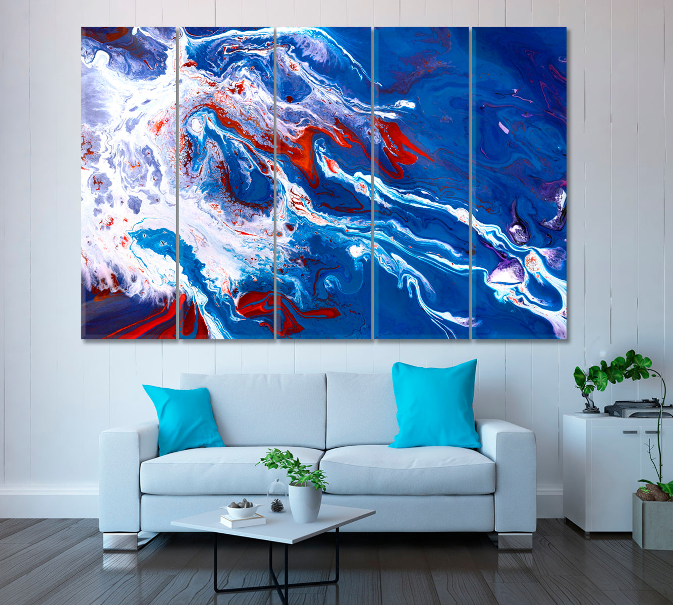 Blue Mixed Flowing Ink Canvas Print ArtLexy 5 Panels 36"x24" inches 