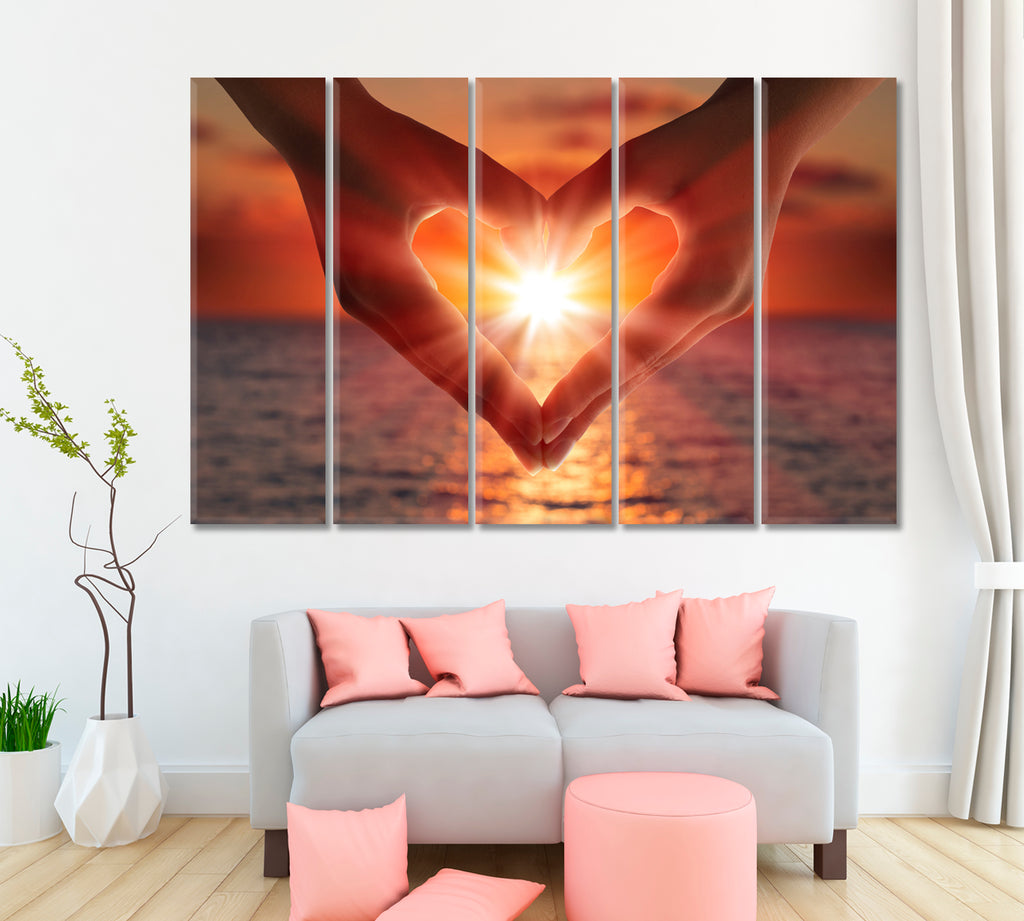 Sun in Heart Shaped Hands Canvas Print ArtLexy 5 Panels 36"x24" inches 