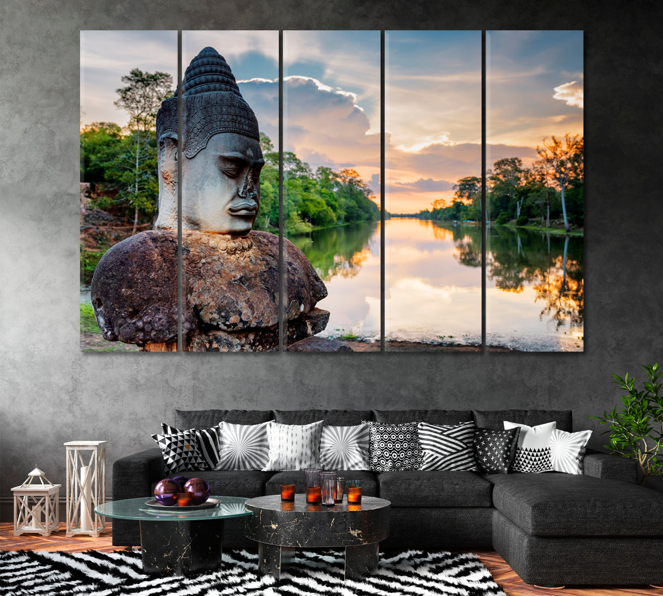 Ancient Statue near South Gate of Angkor Thom Cambodia Canvas Print ArtLexy 5 Panels 36"x24" inches 