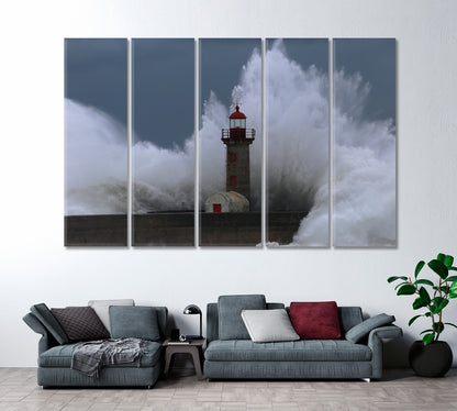 Lighthouse in Storm Foz do Douro Porto Portugal Canvas Print ArtLexy 5 Panels 36"x24" inches 
