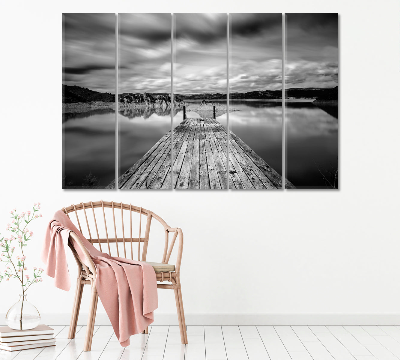 Wooden Pier in Black and White Canvas Print ArtLexy 5 Panels 36"x24" inches 