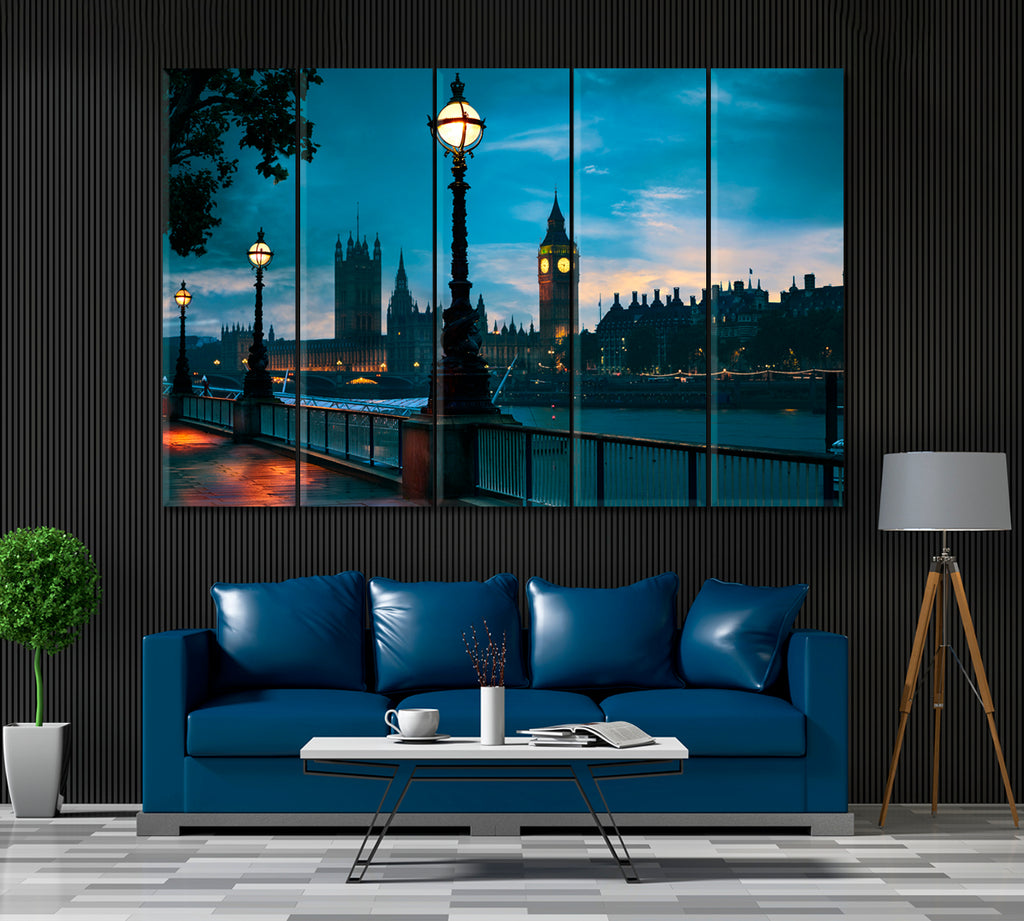 Big Ben and Thames River Canvas Print ArtLexy 5 Panels 36"x24" inches 