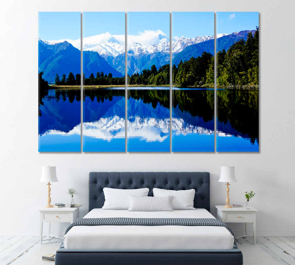 Reflection of Mount Cook and Mount Tasman on Lake Matheson New Zealand Canvas Print ArtLexy 5 Panels 36"x24" inches 